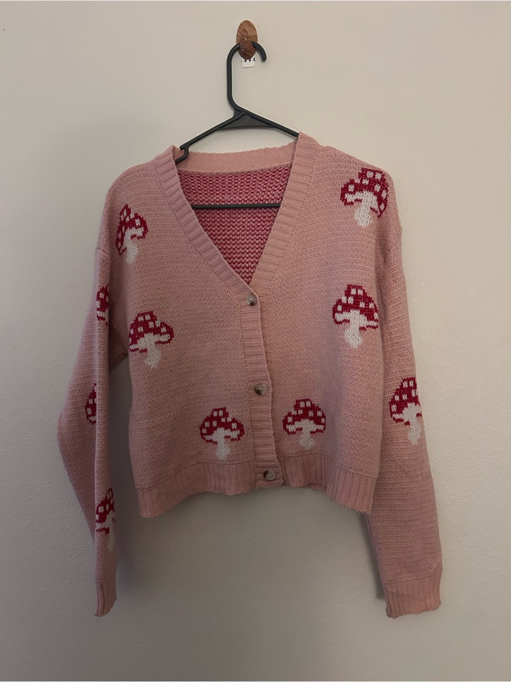 Pink Mushroom Knit Cardigan Sweater